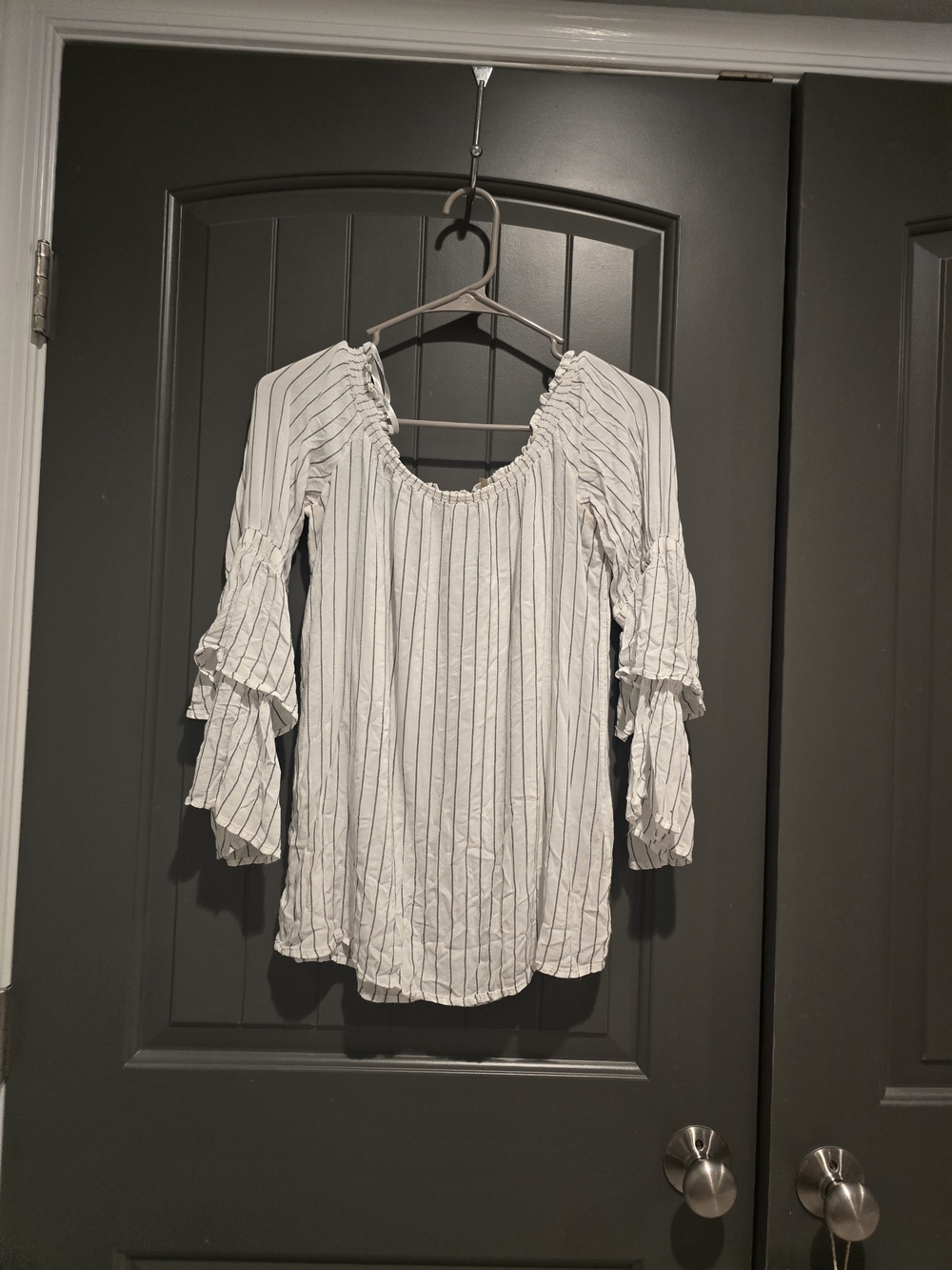 Calvin Klein White Pinstripe Off-Shoulder Ruffle Sleeve Tunic